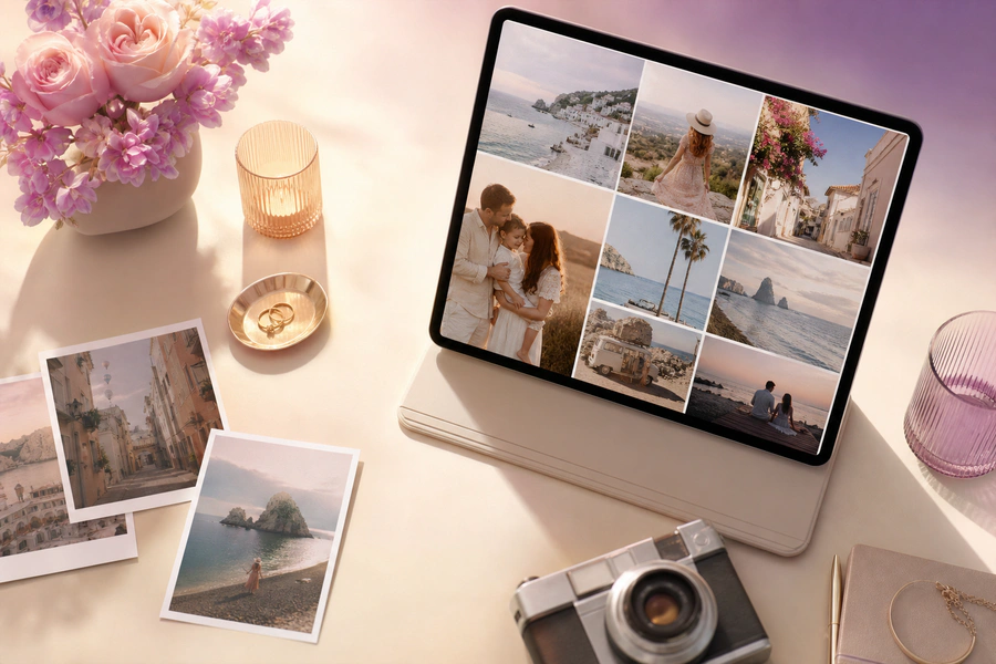 A grid photo collage of travel photos shown on a tablet beside printed photos
