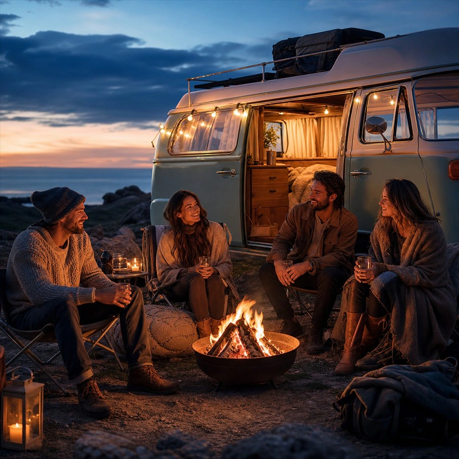 A campfire beside a van in panel 5